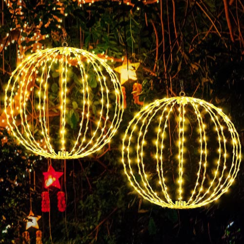 Gulfmew Christmas Ball Light, 16 Inch 8 Modes Large Hanging Tree Globe Light, Foldable Iron Frame Ball Light with Plug Charging for Christmas Yard Patio Garden Decoration Ornament (2 Pack)