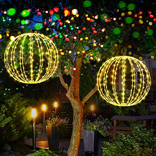 Gulfmew Christmas Ball Light, 16 Inch 8 Modes Large Hanging Tree Globe Light, Foldable Iron Frame Ball Light with Plug Charging for Christmas Yard Patio Garden Decoration Ornament (2 Pack)