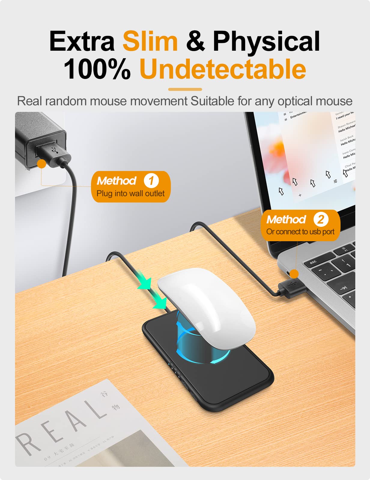 【Ultra-Slim Quiet】STARSIKI Undetectable Mouse Jiggler Interval Timer Adjustable, Mouse Mover with On/Off Switch, Automatic Device to Keep Moving Mouse Wiggler Shaker Clicker Random Movement DriverFree