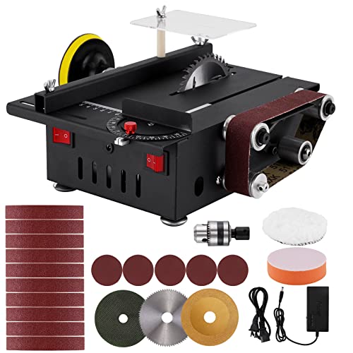 Mini Multifunctional Table Saw 300W 0.8" Cut Depth, 1.2” x 16” Belt Sander 6” Disc Sander for Crafts Wood Stone Cutting and Grinding, w/ 10 Sanding Belts and 5 Sandpapers