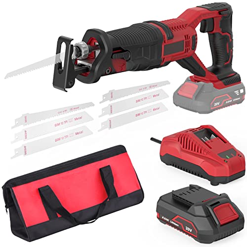 20V Cordless Reciprocating Saw, 2.0Ah Lithium Battery Pack, 0-3000RPM Variable Speed, 6 Saw Blades Wood/Metal/PVC Pile Cutting Electric Saw with Orbital Cutting Switch