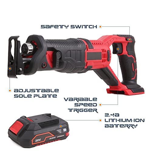 20V Cordless Reciprocating Saw, 2.0Ah Lithium Battery Pack, 0-3000RPM Variable Speed, 6 Saw Blades Wood/Metal/PVC Pile Cutting Electric Saw with Orbital Cutting Switch