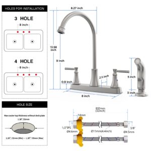 GOWIN Brushed Nickel Kitchen Faucet with Side Sprayer, 2-Handle High Arc 3 or 4 Holes 8 Inch Centerset Kitchen Sink Faucet for Rv Camper Sinks,Stainless Steel Farmhouse Faucet