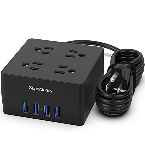 Power Strip, SUPERDANNY 4-Outlet 4-USB Surge Protector, 5 Ft Extension Cord, 900 Joules, Overload Switch, Grounded, Mountable, Desktop Charging Station for Home, Office, School, Dorm, Computer, White