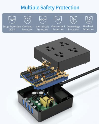 Power Strip, SUPERDANNY 4-Outlet 4-USB Surge Protector, 5 Ft Extension Cord, 900 Joules, Overload Switch, Grounded, Mountable, Desktop Charging Station for Home, Office, School, Dorm, Computer, White