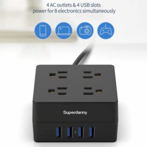 Power Strip, SUPERDANNY 4-Outlet 4-USB Surge Protector, 5 Ft Extension Cord, 900 Joules, Overload Switch, Grounded, Mountable, Desktop Charging Station for Home, Office, School, Dorm, Computer, White