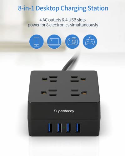 Power Strip, SUPERDANNY 4-Outlet 4-USB Surge Protector, 5 Ft Extension Cord, 900 Joules, Overload Switch, Grounded, Mountable, Desktop Charging Station for Home, Office, School, Dorm, Computer, White