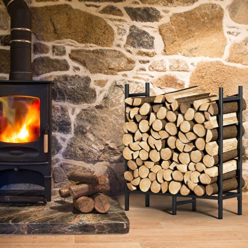 smusei 4Ft Firewood Rack Outdoor Indoor Heavy Duty Log Holder Adjustable Metal Wood Storage Rack Stand for Fireplace, Porches, Patios Black