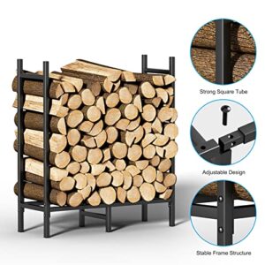 smusei 4Ft Firewood Rack Outdoor Indoor Heavy Duty Log Holder Adjustable Metal Wood Storage Rack Stand for Fireplace, Porches, Patios Black