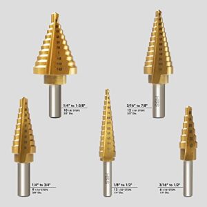 GMTOOLS 6 Pcs Step Drill Bit Set, High Speed Steel Unibit Drill Bits, Stepped Up Bits & Automatic Center Punch for Sheet Metal, DIY Lovers with Aluminum Caes, Total 50 Sizes for Multiple Hole