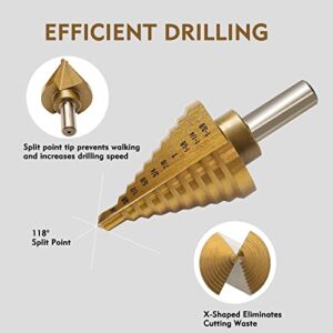 GMTOOLS 6 Pcs Step Drill Bit Set, High Speed Steel Unibit Drill Bits, Stepped Up Bits & Automatic Center Punch for Sheet Metal, DIY Lovers with Aluminum Caes, Total 50 Sizes for Multiple Hole