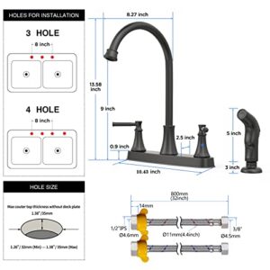 GOWIN Matte Black Kitchen Faucet,2 Handle Kitchen Sink Faucet with Side Sprayer,3 or 4 Hole Kitchen Faucet for Rv Camper Sinks,High Arc Stainless Steel 8 Inch Centerset Faucet