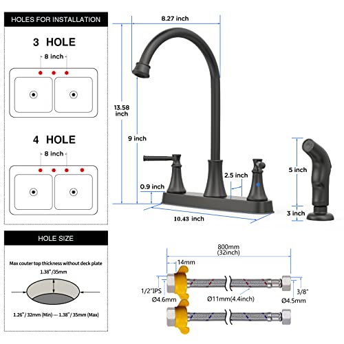 GOWIN Matte Black Kitchen Faucet,2 Handle Kitchen Sink Faucet with Side Sprayer,3 or 4 Hole Kitchen Faucet for Rv Camper Sinks,High Arc Stainless Steel 8 Inch Centerset Faucet