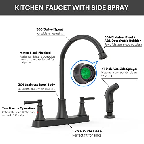 GOWIN Matte Black Kitchen Faucet,2 Handle Kitchen Sink Faucet with Side Sprayer,3 or 4 Hole Kitchen Faucet for Rv Camper Sinks,High Arc Stainless Steel 8 Inch Centerset Faucet