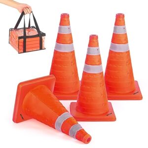 battife [4 pack] 18'' inch collapsible traffic safety cones, orange cones, multi purpose pop-up cones with reflective collar, for road parking, driving practice