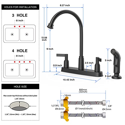 GOWIN Kitchen Faucet with Sprayer,Black Kitchen Faucet, High Arc 2 Handle Kitchen Sink Faucet,Stainless Steel 3 or 4 Hole Kitchen Faucet with Side Sprayer,8 Inch Centerset Faucet for Kitchen Sink