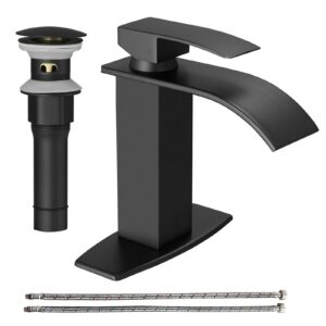 hoimpro black waterfall bathroom faucet with cupc supply lines, single handle bathroom sink faucet with pop-up drain, rv vanity vessel faucet with deck plate, matte black, 1 or 3 hole
