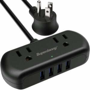 superdanny power strip with usb, 4 usb ports surge protector, 2 widely outlets small flat plug with 5 ft heavy duty extension cord, compact size desktop charging station, black