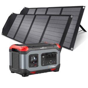 rockpals 1300w portable power station & 2xrockpals 100w solar panels with kickstand, 3x ac outlets(peak 2000w), outdoor generator with solar panel kit for rv/van camping, home use, cpap, emergency