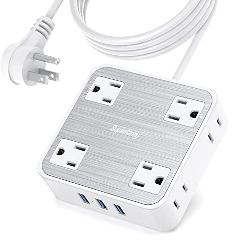 SUPERDANNY Power Strip Surge Protector with 3 USB Ports, 8 Widely Spaced Outlets, Flat Plug, 5 Ft Extension Cord, 1050 Joules, Wall Mount, Compact Size Space Save, Stylish Brushed Finish, White