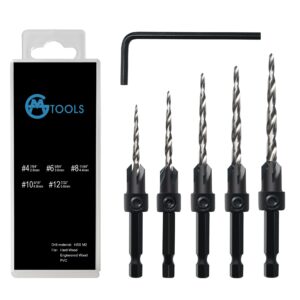 gmtools countersink drill bit set, 5pcs tapered drill bits m2 hss, with 1/4" hex shank quick change and allen wrench, counter sinker set for woodworking and carpentry, pilot screw hole set