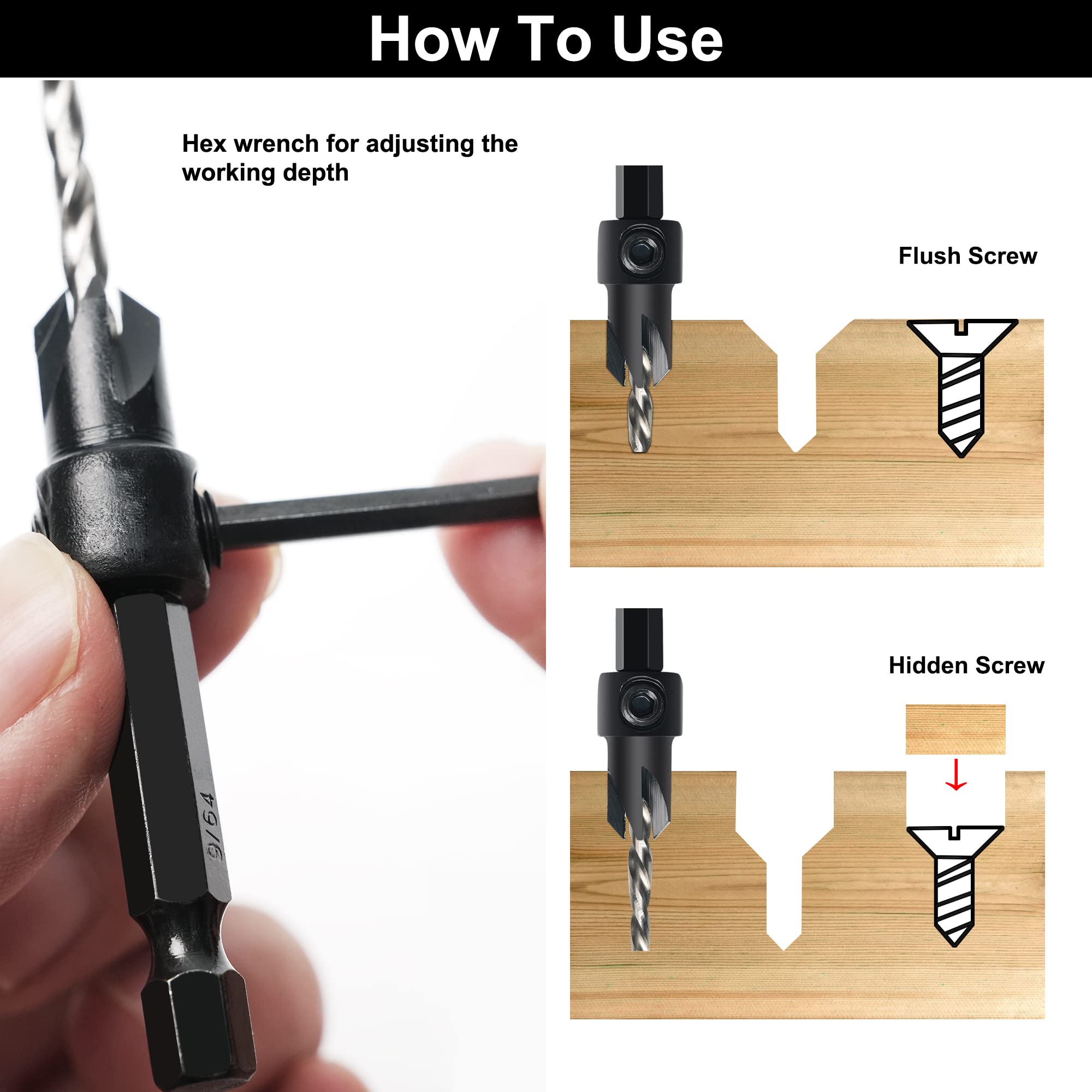 GMTOOLS Countersink Drill Bit Set, 5Pcs Tapered Drill Bits M2 HSS, with 1/4" Hex Shank Quick Change and Allen Wrench, Counter Sinker Set for Woodworking and Carpentry, Pilot Screw Hole Set