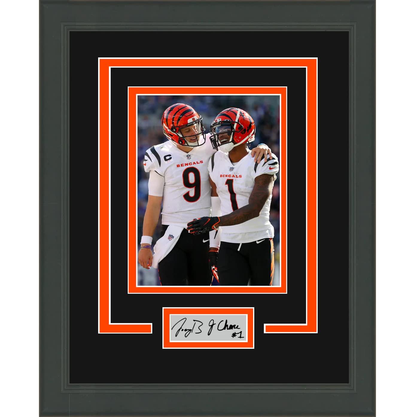 Framed Joe Burrow Ja'Marr Chase Facsimile Laser Engraved Signature Auto Cincinnati Bengals 14x17 Football Photo