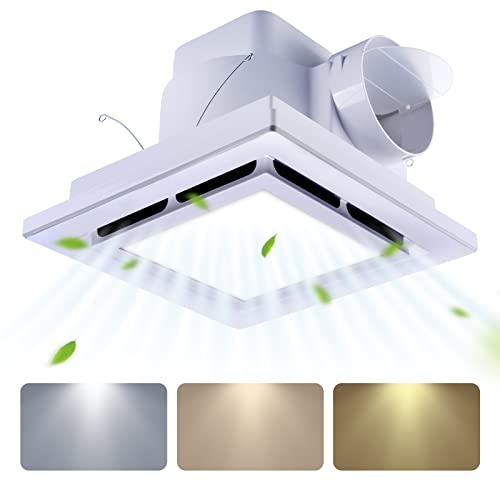 Bathroom Fan with Light Ceiling Mount Shower Ventilation Exhaust Fan with Color Change Light 3000K/4000K/6000K Vent Fan and Light Combo for Bathroom and Home 1.0 Sone 110 CFM 110V 4" Duct Square White