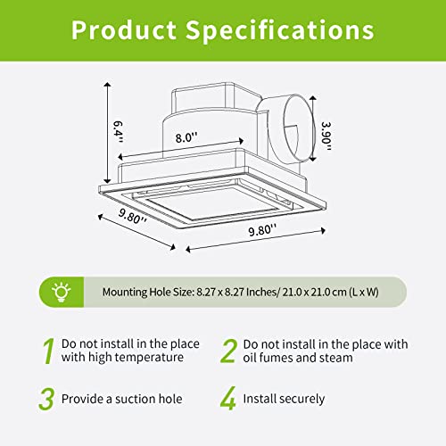 Bathroom Fan with Light Ceiling Mount Shower Ventilation Exhaust Fan with Color Change Light 3000K/4000K/6000K Vent Fan and Light Combo for Bathroom and Home 1.0 Sone 110 CFM 110V 4" Duct Square White