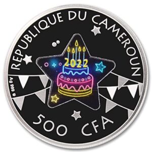 2022-17.5 g Cameroonian Proof Silver Happy Birthday Colored Coin in Contemporary Latex Case with Certificate of Authenticity 500 CFA Francs Seller Proof