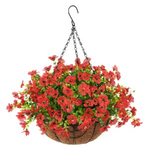 zfprocess artificial silk flowers in hanging basket outdoor indoor patio lawn garden decor,hanging daisy basket with 12inch coconut lining chain palm flowerpot(red)