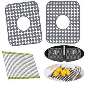 kitchen sink silicone protector mat: 2 pcs sink mats 1 drying rack for center drain, folding non-slip support grid sink mat for bottom of stainless steel porcelain sink protectors mat 13.8'' x 11.8''