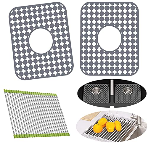 Kitchen Sink Silicone Protector Mat: 2 PCS Sink Mats 1 Drying Rack for Center Drain, Folding Non-slip Support Grid Sink Mat for Bottom of Stainless Steel Porcelain Sink Protectors Mat 13.8'' x 11.8''