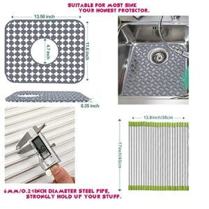 Kitchen Sink Silicone Protector Mat: 2 PCS Sink Mats 1 Drying Rack for Center Drain, Folding Non-slip Support Grid Sink Mat for Bottom of Stainless Steel Porcelain Sink Protectors Mat 13.8'' x 11.8''