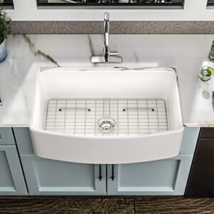 33 White Farm Sink - Fulorni 33"x20" Curved Apron Front Farmhouse Sink Single Bowl Ceramic Porcelain Fireclay Farmer Style Kitchen Sink Basin