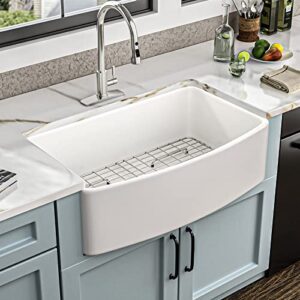 33 White Farm Sink - Fulorni 33"x20" Curved Apron Front Farmhouse Sink Single Bowl Ceramic Porcelain Fireclay Farmer Style Kitchen Sink Basin