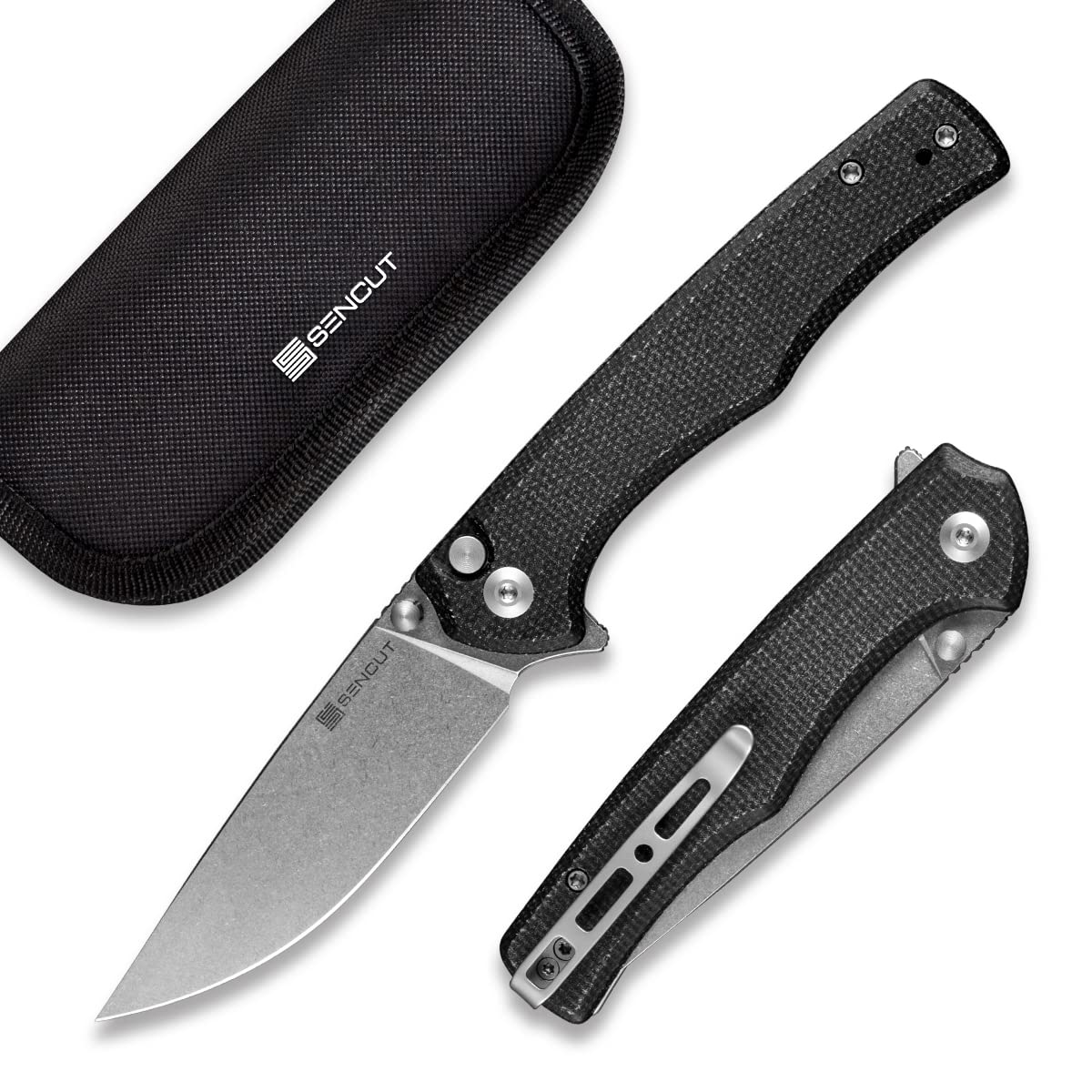 SENCUT Crowley Pocket Knife Button Lock Folding Knife for EDC, Black Micarta Handle Stonewashed D2 Blade Foldable Small Knife with Clip, Everyday Carry Knife for Men Women, Lightweight for Indoor Outdoor Gift S21012-2