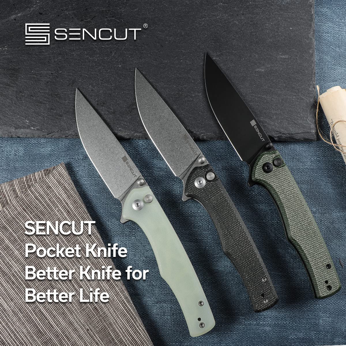 SENCUT Crowley Pocket Knife Button Lock Folding Knife for EDC, Black Micarta Handle Stonewashed D2 Blade Foldable Small Knife with Clip, Everyday Carry Knife for Men Women, Lightweight for Indoor Outdoor Gift S21012-2