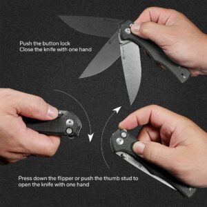 SENCUT Crowley Pocket Knife Button Lock Folding Knife for EDC, Black Micarta Handle Stonewashed D2 Blade Foldable Small Knife with Clip, Everyday Carry Knife for Men Women, Lightweight for Indoor Outdoor Gift S21012-2