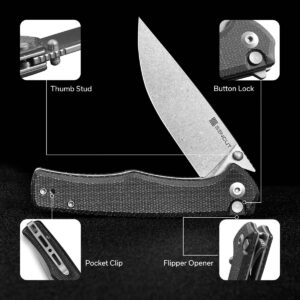 SENCUT Crowley Pocket Knife Button Lock Folding Knife for EDC, Black Micarta Handle Stonewashed D2 Blade Foldable Small Knife with Clip, Everyday Carry Knife for Men Women, Lightweight for Indoor Outdoor Gift S21012-2