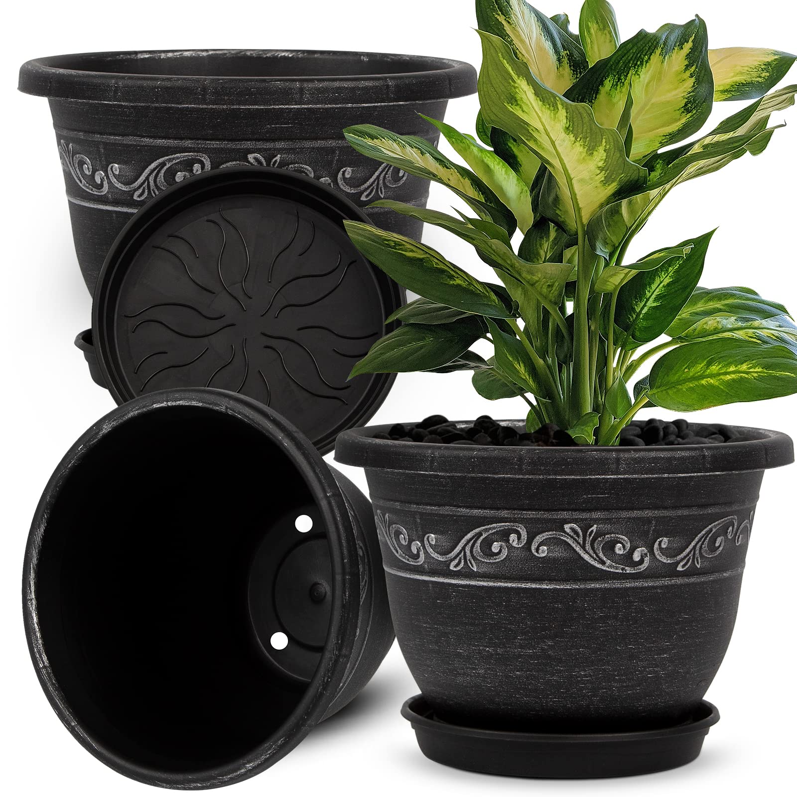 QCQHDU Plant Pots, 3 Packs 12 inch Planters with Drainage Hole Saucer, Plastic Flower Pots for Indoor Plants Retro Decorative for Outdoor Garden Container Sets(Silver-12 inch)