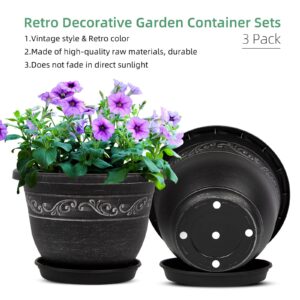 QCQHDU Plant Pots, 3 Packs 12 inch Planters with Drainage Hole Saucer, Plastic Flower Pots for Indoor Plants Retro Decorative for Outdoor Garden Container Sets(Silver-12 inch)