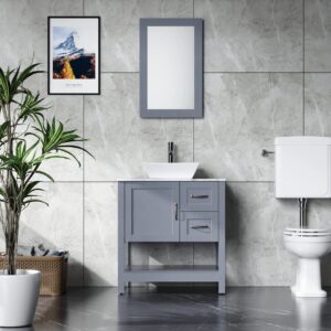 homecart 30" bathroom vanity and sink combo marble pattern wood top white vessel sink with faucet drain mirror vanity set, grey