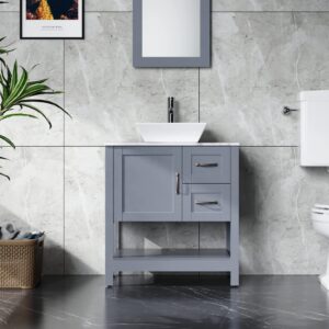 Homecart 30" Bathroom Vanity and Sink Combo Marble Pattern Wood Top White Vessel Sink with Faucet Drain Mirror Vanity Set, Grey