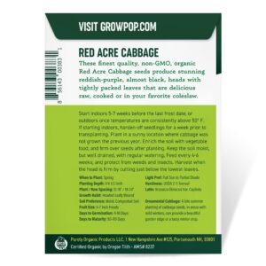 Organic Cabbage Seeds (Red Acre) - Approx 750 Seeds - Certified Organic, Non-GMO, Open Pollinated, Heirloom, USA Origin