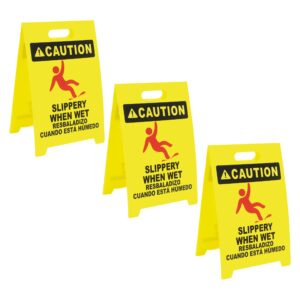 matthew cleaning 19'' industrial wet floor sign 3 pack 2-sided durable corrugated plastic birght yellow multilingual warning signs commercial caution wet fold-out floor signs for indoors