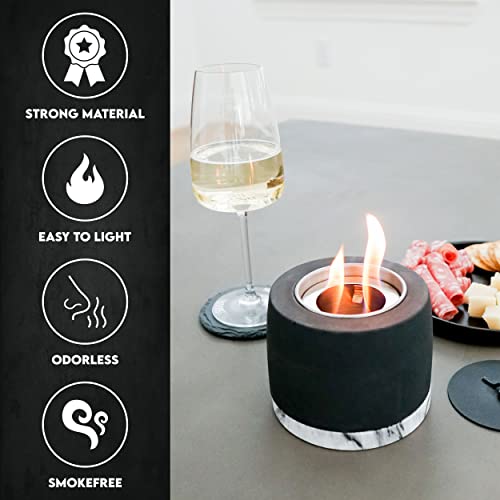 Tabletop Fire Pit Bowl - Personal Fireplace - Long Burning Fire Pit - Ethanol Tabletop Fireplace - Indoor Smores Kit - Mini Fireplace for Patio & Balcony decor - Black Concrete & Marble Effect Base