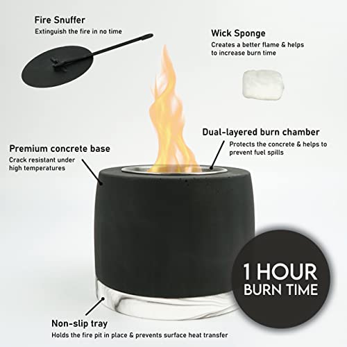 Tabletop Fire Pit Bowl - Personal Fireplace - Long Burning Fire Pit - Ethanol Tabletop Fireplace - Indoor Smores Kit - Mini Fireplace for Patio & Balcony decor - Black Concrete & Marble Effect Base