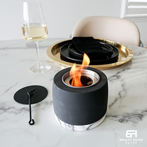 Tabletop Fire Pit Bowl - Personal Fireplace - Long Burning Fire Pit - Ethanol Tabletop Fireplace - Indoor Smores Kit - Mini Fireplace for Patio & Balcony decor - Black Concrete & Marble Effect Base