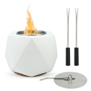 tabletop fire pit – smokeless & odor free mini fire pit – indoor & outdoor smores maker – portable tabletop fireplace – modern durable concrete fire bowl – 1 hour burn time – white